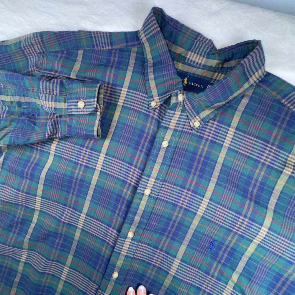 Polo Ralph Lauren Button Down Shirt Mens 2XLT Green Blue Plaid Classic Fit Tall
